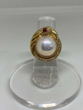 14k Yellow Gold Pearl And Ruby Ring